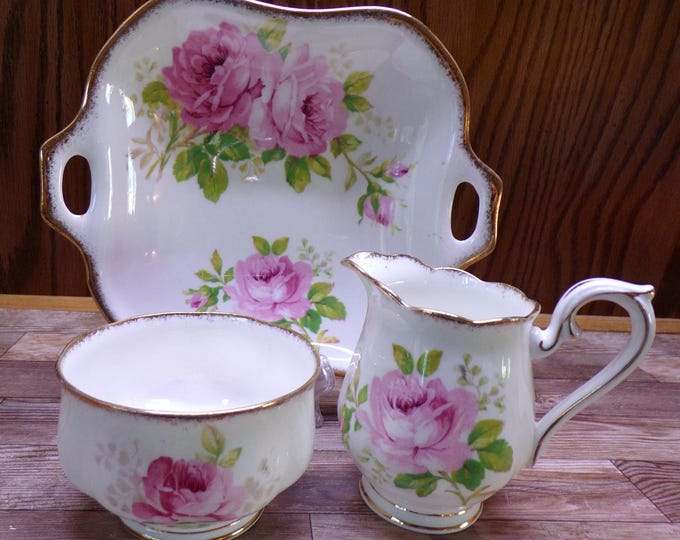 2511 Royal Albert American Beauty Crown China Vintage 3 pc Set Cream, Sugar & 6" Tray Made in England - Great Condition