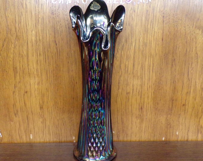 2501 Fenton Vintage Iridescent Amethyst Carnival Glass 14" Diamond Point & Ribbed Swung Vase w/Stamp n Sticker - Great Tones Great Condition