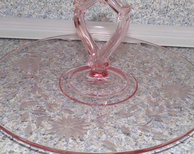 2207 Peach/Pink Depression Glass Center Handle Serving Tray Platter with Etched Flowers Vintage 11" - Good Condition No Chips or Cracks