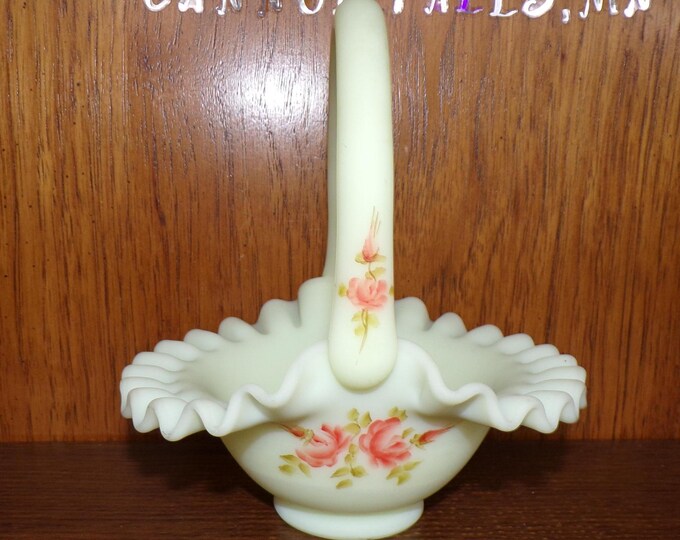 2502 Fenton Vintage Burmese Pink Roses on UV Glow Satin Uranium Glass Basket 7"x6"x8" Tall Hand-painted by P. Bennett - Great Condition