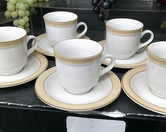 2403 Crowning Fashion Gold Band Beige 10 pc Vintage Set (5) Cups & (5) Saucers by Johann Haviland - Good Condition No Chips or Cracks