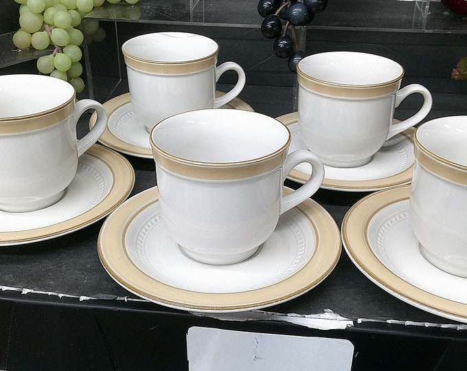 2403 Crowning Fashion Gold Band Beige 10 pc Vintage Set (5) Cups & (5) Saucers by Johann Haviland - Good Condition No Chips or Cracks