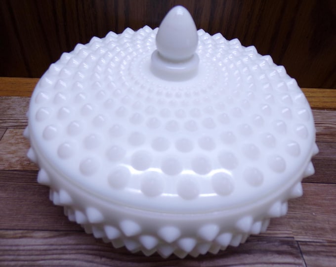 2509 Vintage Milk Glass 6.25" Hobnail Candy Dish with Lid- Good Condition Couple Flea bites on Rim Tiny Chip on Lid Rim Can't see Chips