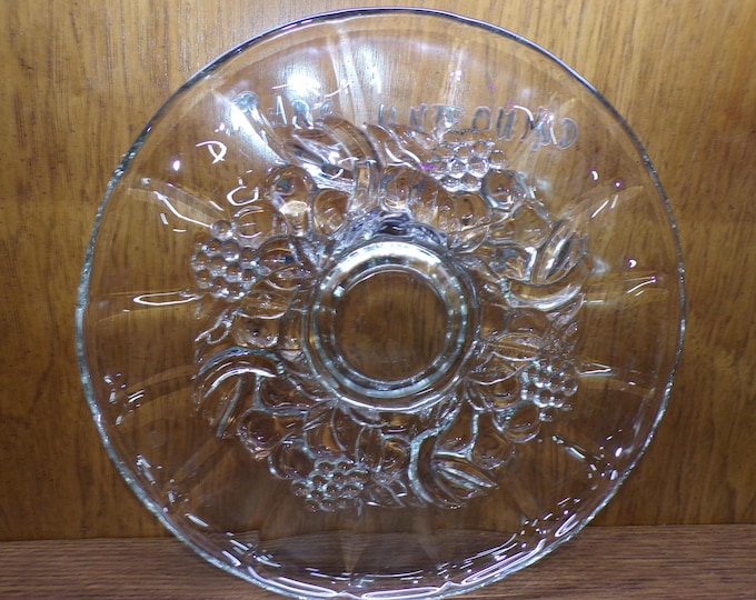 2503 Indiana Glass Vintage Footed 13.5" Clear Paneled Glass Platter Embossed Fruit Garland - Great Condition