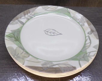 2602 Corelle Vitrelle Textured leaves Dinnerware Beige Green Leaf 7.25" Salad / Snack Plates Set of 4 - Great Surface Condition Rough Edges