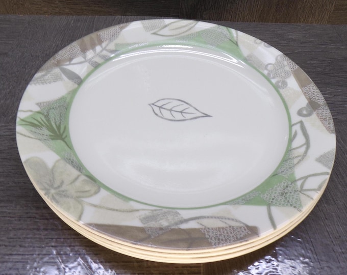 2602 Corelle Vitrelle Textured leaves Dinnerware Beige Green Leaf 7.25" Salad / Snack Plates Set of 4 - Great Surface Condition Rough Edges