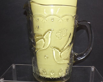 2210 Colony Crafts Crystal Garden 8.5" 68 oz Clear Glass Pitcher - Embossed Birds, Butterflies, Flowers - Great Condition