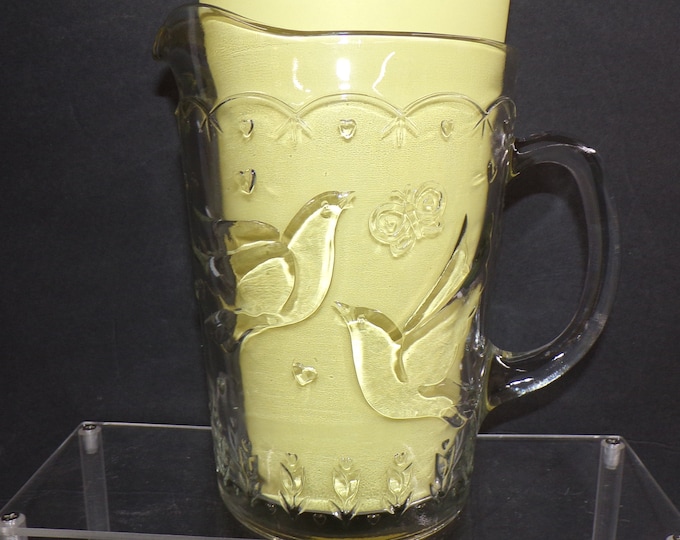 2210 Colony Crafts Crystal Garden 8.5" 68 oz Clear Glass Pitcher - Embossed Birds, Butterflies, Flowers - Great Condition