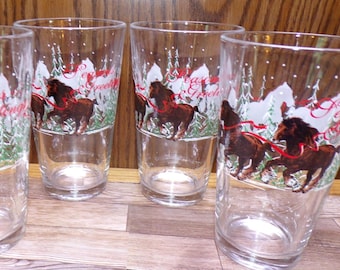 2508 Libbey Glass Clydesdale Horses 6" Tumblers "Seasons Greetings" Set of 4 - Great Condition