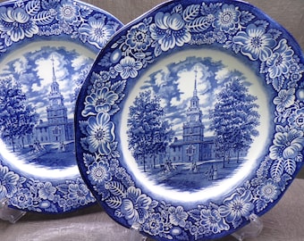 2608 Staffordshire Ironstone Liberty Blue Independence Hall 10" Dinner Plate Set of 2 Hand-engraved Made in England