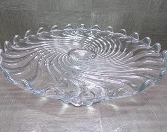 2506 Fostoria Glass Colony Swirl Clear 12" Scalloped Pedestal Cake Stand Platter