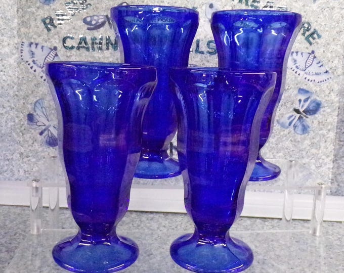 2210 Anchor Hocking 7" Tall Cobalt Blue Footed Tulip Shaped Malt / Sundae Cups Set of 4 - No Chips or Cracks
