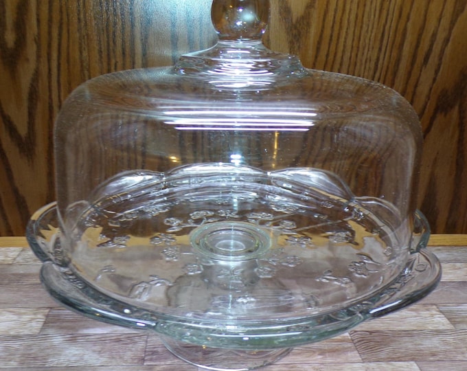 2509 Anchor Hocking Savannah Vintage 12" Footed Cake Tray Platter with 10" Dome Cover - Great Condition in Orig. Box