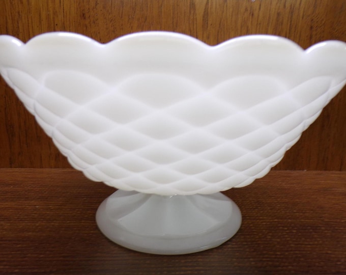 2506 Anchor Colonial Quilted Diamond Milk Glass 10" Vintage 1970's Footed Compote Bowl Scalloped Edge - Great Condition