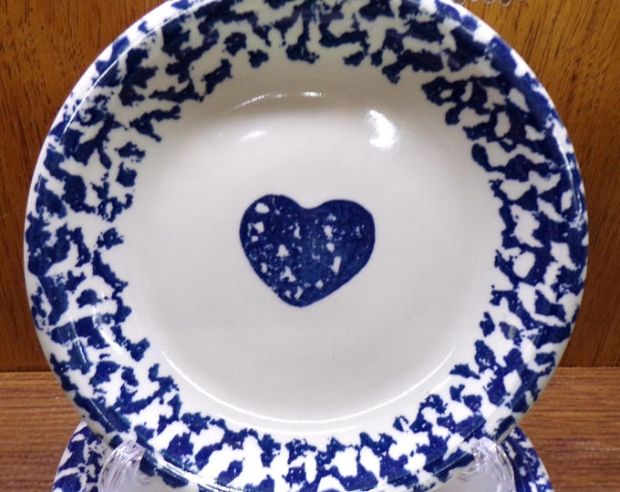 2505 Folk Craft Hearts by Tien Shan Stoneware 7.75" Vintage Blue Sponge Salad / Snack Plates Set of 4 - Good Condition Some Wear & Scratches