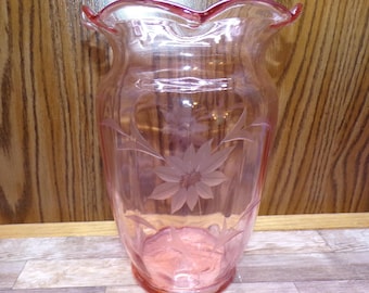 2510 Pink Glass 9" Vintage Vase Etched Flower Ruffled Rim - Good Condition