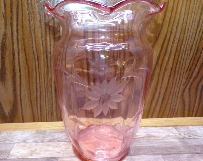 2510 Pink Glass 9" Vintage Vase Etched Flower Ruffled Rim - Good Condition