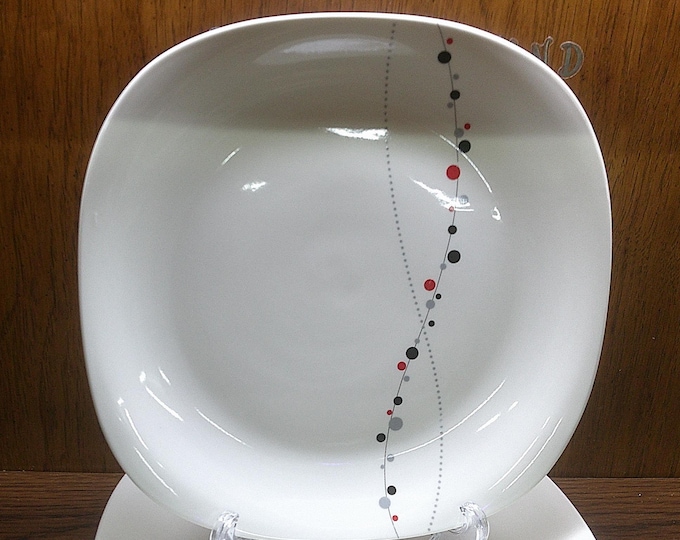 2501 Thomson Pottery Zen 10.5" Square Dinner Plates Set of 4- Red, Grey, Black Dots & Lines - Great Condition