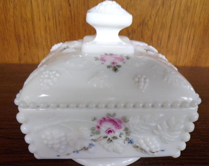 2506 Westmoreland Milk Glass 5" x 5" Footed Covered Square Beaded Rim Grape & Leaf Candy Dish w/ Hand-painted Pink Roses - Great Condition