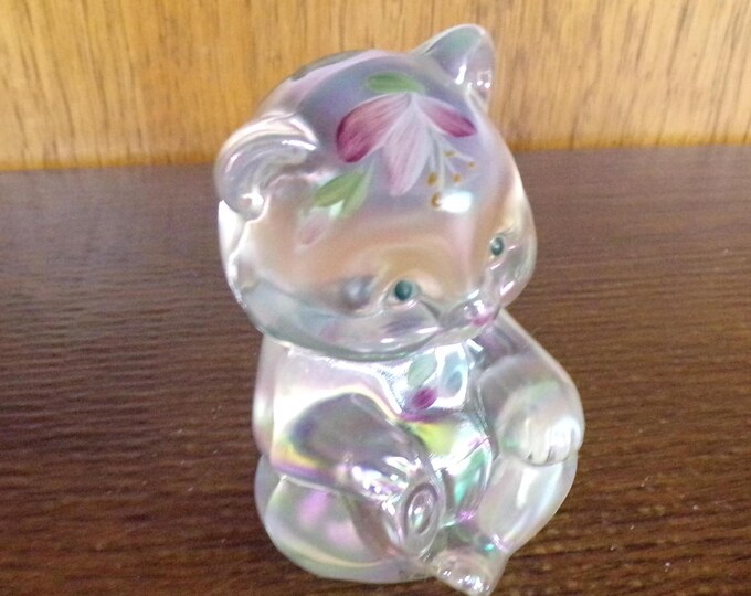 2501 Fenton Glass 4" Hand-Painted Vintage Iridescent Opalescent Sitting Bear w/ Hand-painted Flowers Signed S. Allman- Great Condition