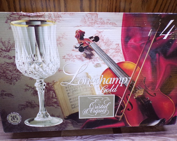 2510 Cristal D'Arques Paris 24% Lead Crystal Long Champ Gold 7" 7.5 oz Stemmed Vintage Wine / Water Glass Set of 4 - Great Cond in Orig Box