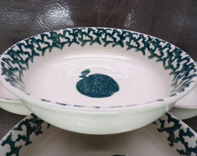 2602 Folkcraft Green Sponge Apple 6.25"Soup / Cereal Bowl Set of 4 by Tienshan Stoneware - Good Condition Light Scratches