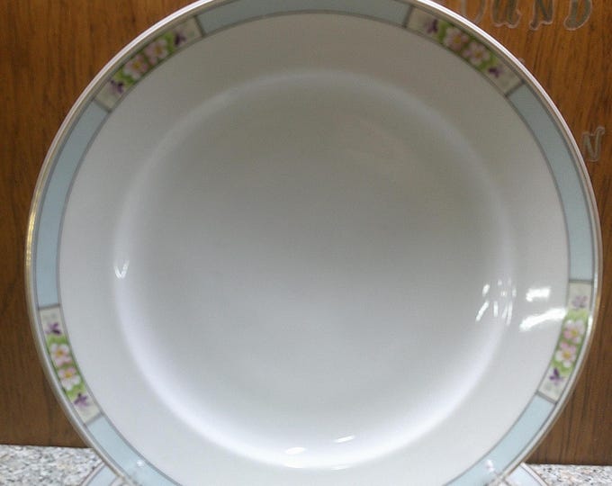 2407 Meito China 9.75" Dinner Plates Set of 4- Hand-painted Pink & Purple Flowers with Light Blue Trim- Gold Rim- Great Condition