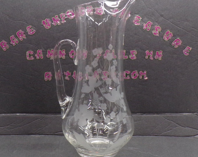 2212 Clear Glass Hand-Crafted Blown Etched Drink Pitcher Vintage 12" - Good Condition No Chips or Cracks
