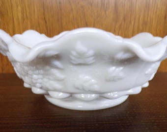 2506 Westmoreland Vintage Milk Glass 10" Raised Grape and Leaf Footed Scalloped Rim Bowl