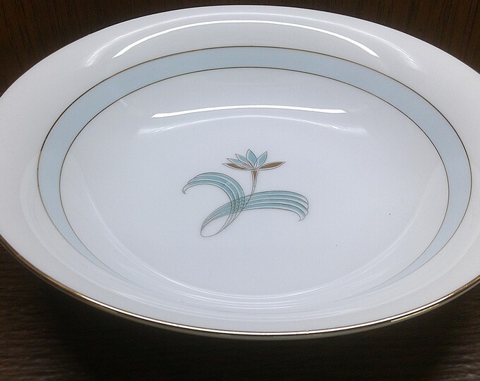 2501 Mikado China Ingrid 9.25" Light Blue & White Vegetable Serving Bowl Made in Japan - Great Condition Light Wear on Gold Rim