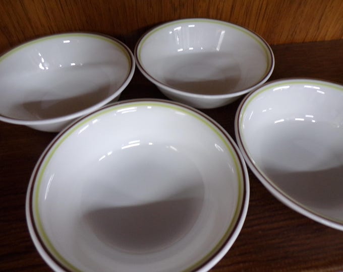 2504 Corelle White with Brown & Yellow Green Stripe 6.25" Bowls Set of 4 - Great Condition