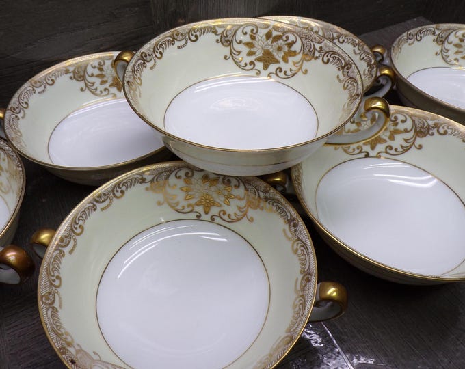 2603 Meito Vintage 1936 Hand-painted China 5" Dbl Handle Bowls Set of 7- 22 kt Gold Flowers & Scrolls w/ Cream Rim - Great Cond. Little Wear
