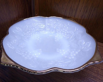 2506 Anchor Hocking 9" Footed Milk Glass Vintage Bowl with 22K Gold Rim - Harvest Grape Pattern- Excellent Condition