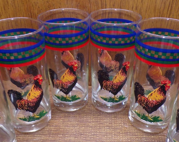 2402 Ella's Rooster Vintage Thick Bottom 16 oz 6.25" Tumblers Set of 6 - Great Condition