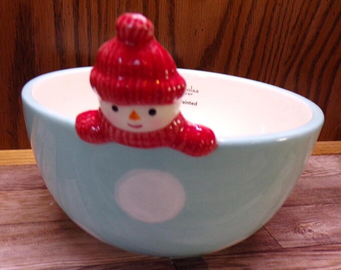 2511 St. Nicholas Square North Pole 6" Bowl Hand Painted Blue & White Ceramic w/ Snowman - Great Condition