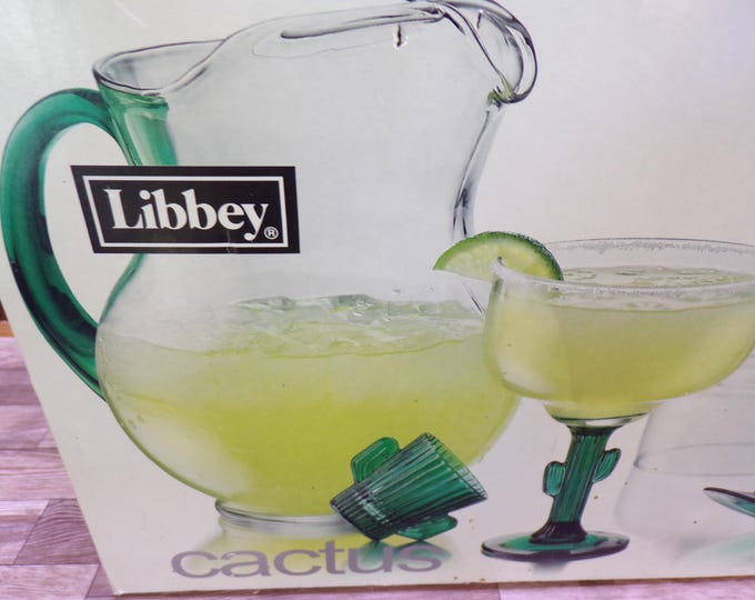 2409 Libbey Glass Saguaro Southwest Cactus 7 pc Set - (1) 96 oz Pitcher, (4) 16 oz Footed Glasses & (2) 2 oz Shot Glasses - Excellent Cond.