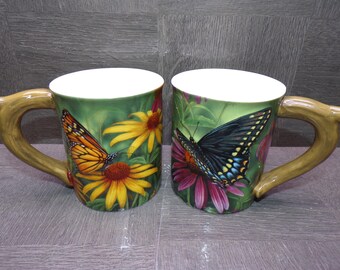 2605 Pair of Wild Wings Butterflies 16 oz Sculpted Coffee Mugs by Rosemary Millette