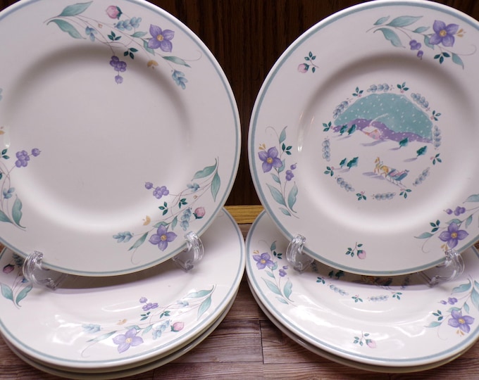 2509 Pfaltzgraff April Stoneware 8" Salad / Snack Plates Set of 7 - 3 of them also have a Winter Scene in Center- Good Condition