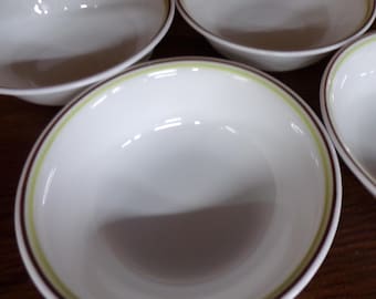 2504 Corelle White with Brown & Yellow Green Stripe 6.25" Bowls Set of 4 - Great Condition