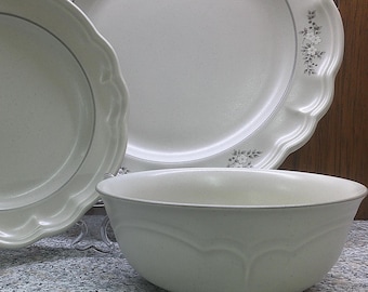 2407 Pfaltzgraff Heirloom Gray & White Floral Stoneware and Glass - Wine/Water Glasses, Plates, Bowls - Good Condition Choose from List: