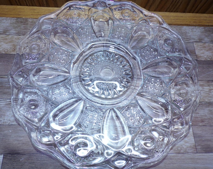 2511 Beautiful Vintage LE Smith Glass Quintec Pattern 11" Footed Crystal Hobstar Cake Plate Platter S Mark - Great Condition