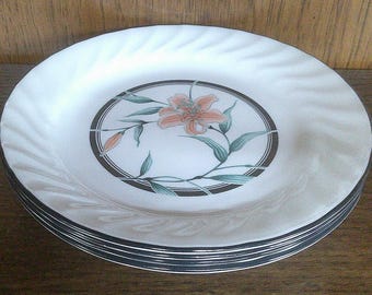 2412 Corelle Tiger Lily Swirl 7.25" Salad / Snack Plates w/ Black Rim Set of 4 - Great Condition
