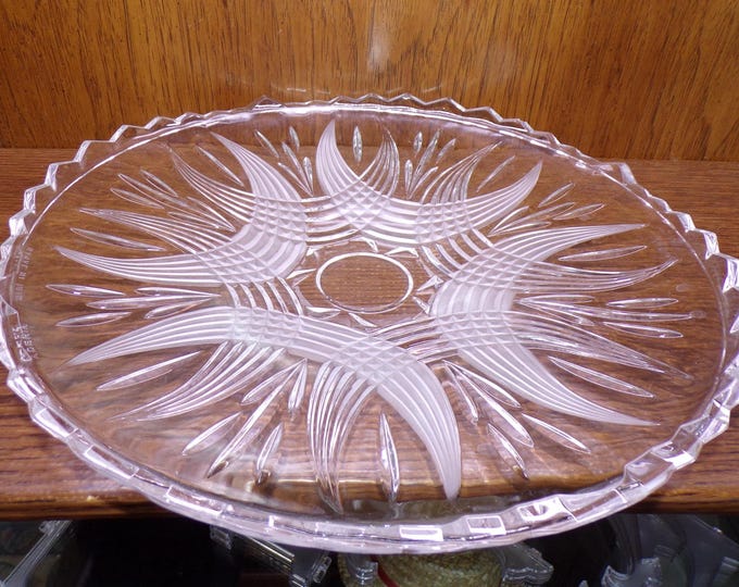 2505 Aderia Crystal Platter 14" w/ Frosted Swirls Made in Japan - Great Condition