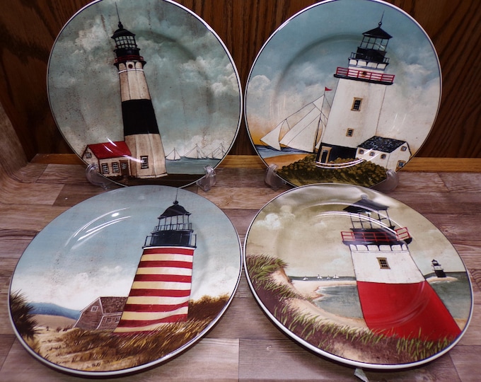 2509 Sakura By the Sea Collection 8.25" Salad/ Snack/ Dessert Plates Set of 4 Vintage 2000 Lighthouse Theme by David Carter Brown