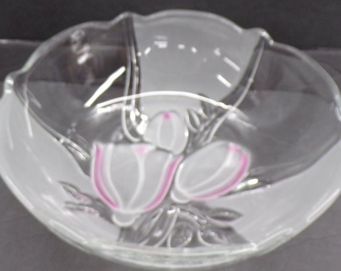 2212 Panelled Serving Bowl 11" Vintage with Frosted Satin Pink Roses - Small Chip on Rim - No Other Chips or Cracks