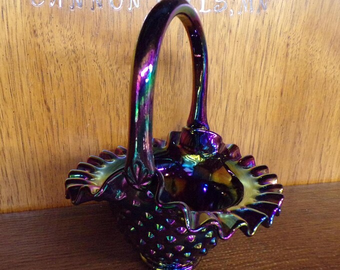 2502 Fenton Hobnail Amethyst Purple Iridescent Electric Carnival Glass 6.5”x6"x8" Tall Basket - Repair on 1 End of Handle - Great Condition