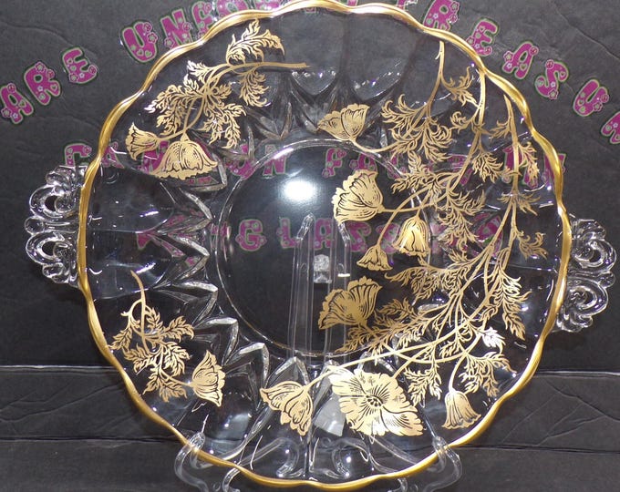 2212 Silver City 11.5" Double Handle Platter Gold Overlay Floral Poppies Gold Rim - Good Condition