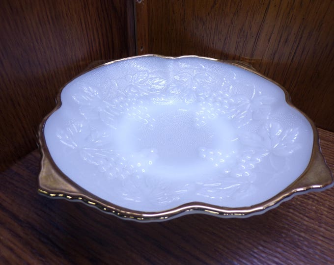 2506 Anchor Hocking 9" Footed Milk Glass Vintage Bowl with 22K Gold Rim - Harvest Grape Pattern- Excellent Condition