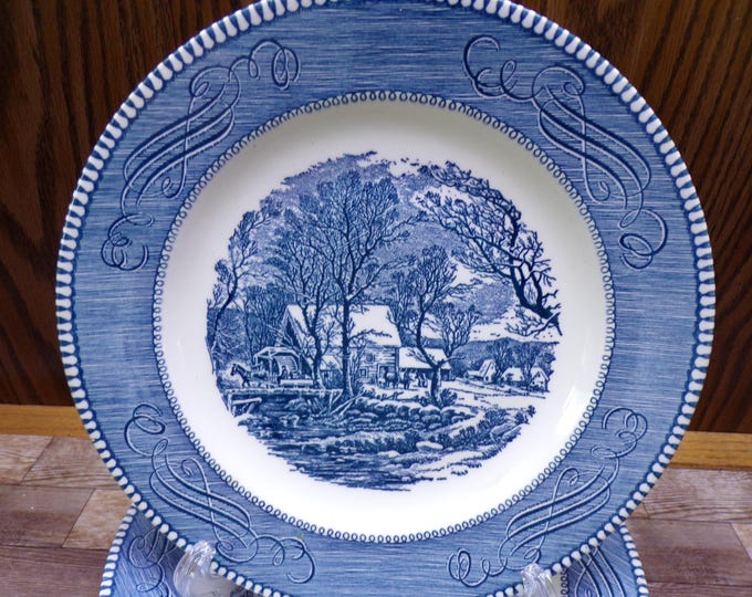 2511 Royal USA Currier and Ives Old Grist Mill Blue 9.25" Dinner Plates Set of 4 Ironstone Dishwasher Microwave Safe - Great Condition