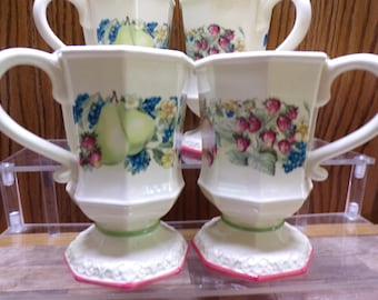 2508 Avon Sweet Country Harvest Fruit Pattern Porcelain 5" 10 oz Vintage Footed Mugs Set of 4 - Great Condition